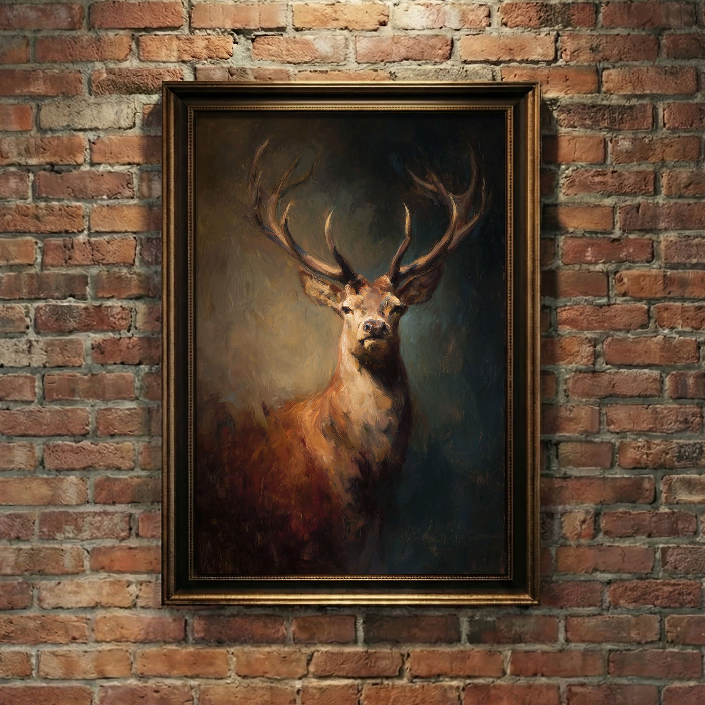 Moody oil painting style art print of a majestic stag with large antlers emerging from dark forest shadows, created by Artazyn.