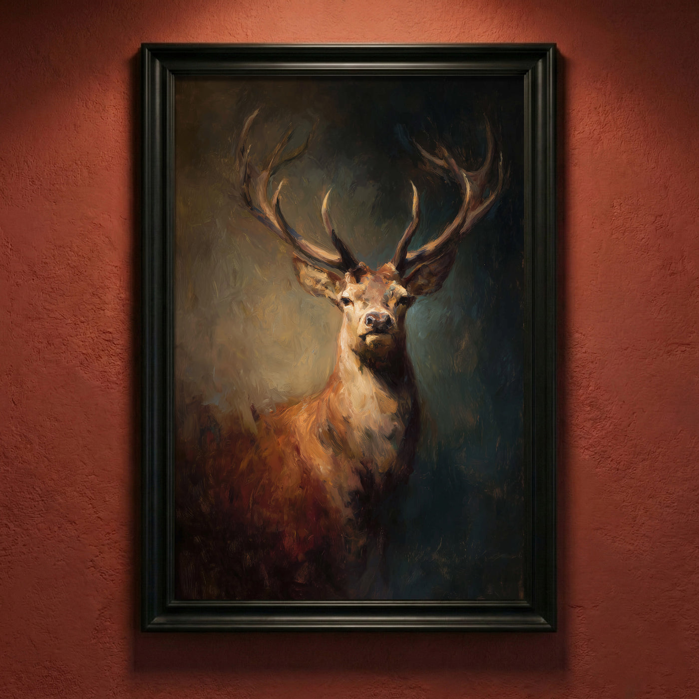 Moody oil painting style art print of a majestic stag with large antlers emerging from dark forest shadows, created by Artazyn.