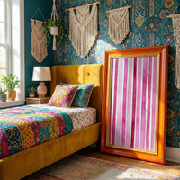 Minimalist art print featuring vertical watercolor stripes in various shades of pink and magenta on a white background, created by Artazyn.