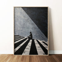 High-contrast black and white illustration of a figure sitting on striped steps with dramatic geometric shadows.