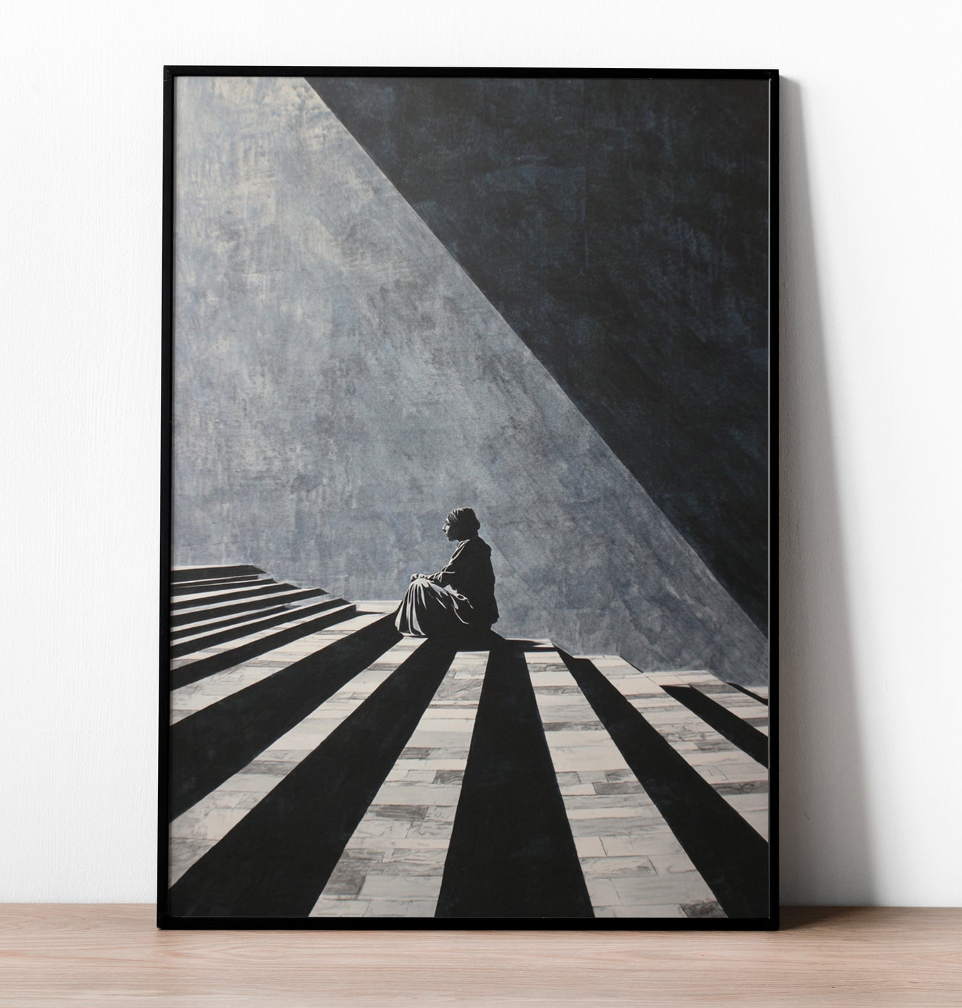 High-contrast black and white illustration of a figure sitting on striped steps with dramatic geometric shadows.