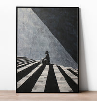 High-contrast black and white illustration of a figure sitting on striped steps with dramatic geometric shadows.