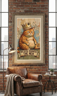 Street art style illustration of a fat orange cat wearing a cardboard crown sitting above a banner that reads "HIS ROYAL HIGHNESS, THE MEH" against a graffiti wall background.