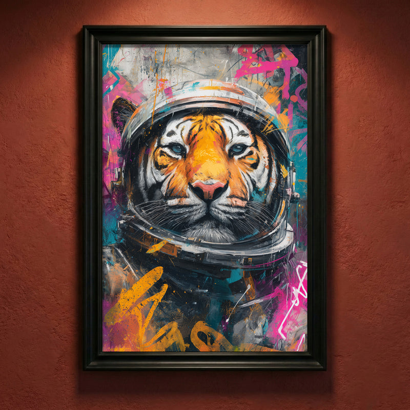 Graffiti style art print of a tiger wearing an astronaut helmet surrounded by splashes of teal and pink paint, created by Artazyn.