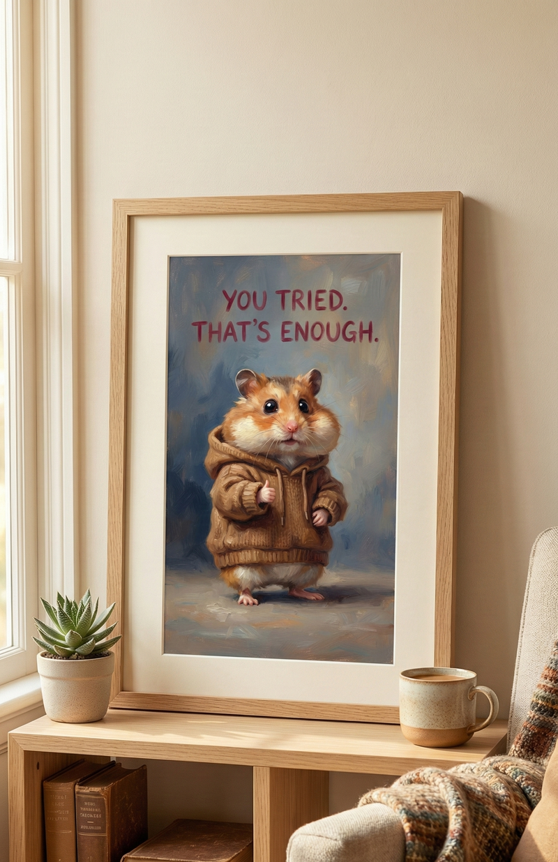 Oil painting style illustration of a cute hamster wearing a brown knit hoodie, giving a thumbs up under red text reading "YOU TRIED. THAT'S ENOUGH.".