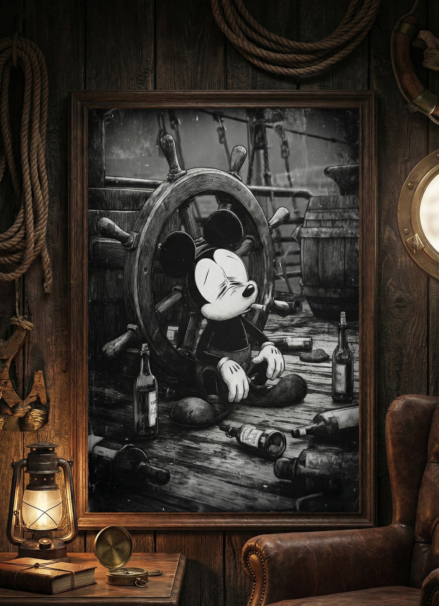 Framed artwork of a character sitting at a ship's wheel with bottles, surrounded by nautical decor.
