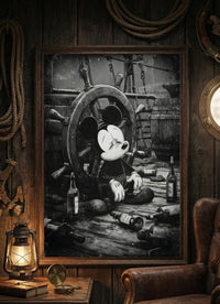 Framed artwork of a character sitting at a ship's wheel with bottles, surrounded by nautical decor.
