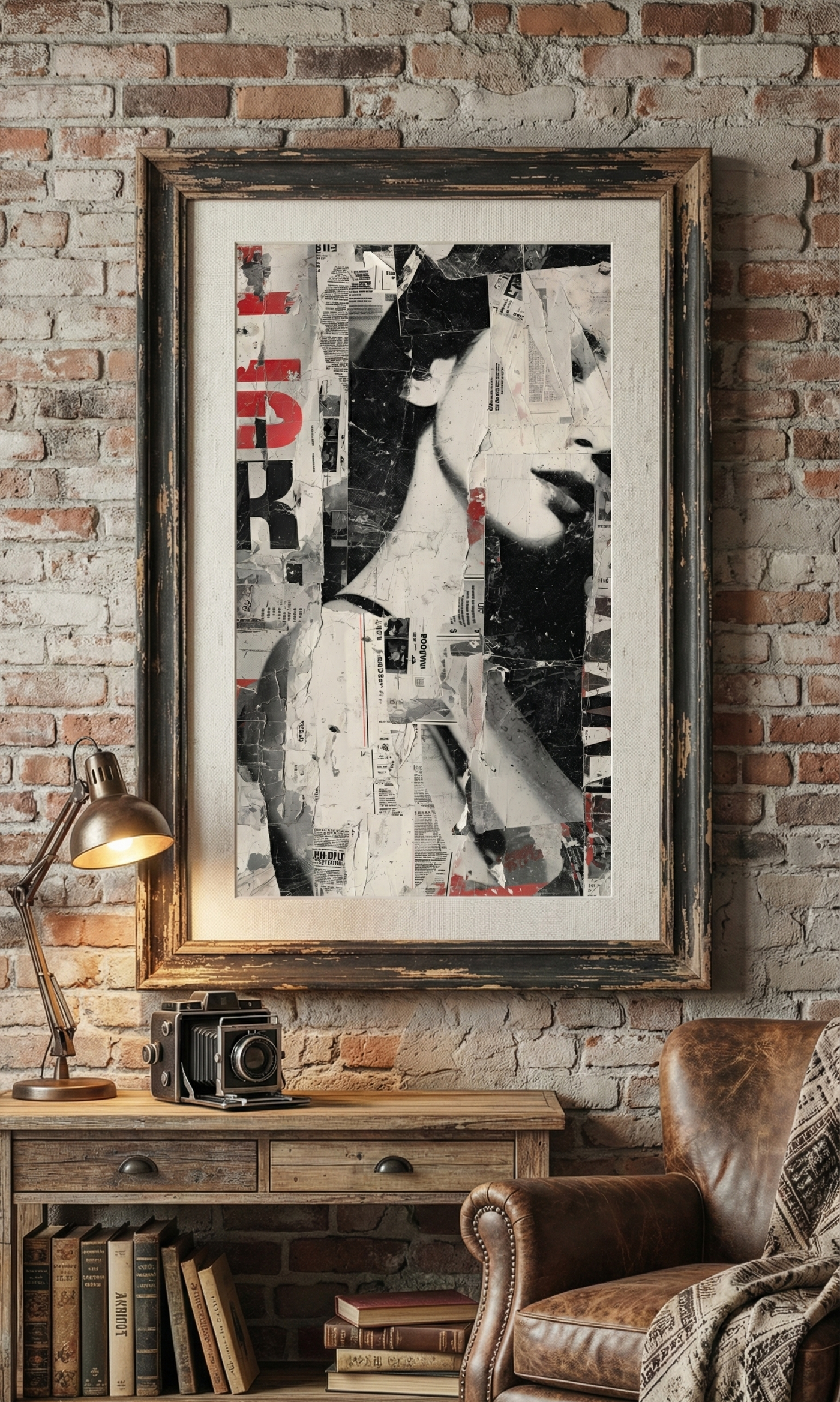 Grunge collage art print featuring a fragmented black and white woman's face layered with torn newspaper clippings and red typography, created by Artazyn.