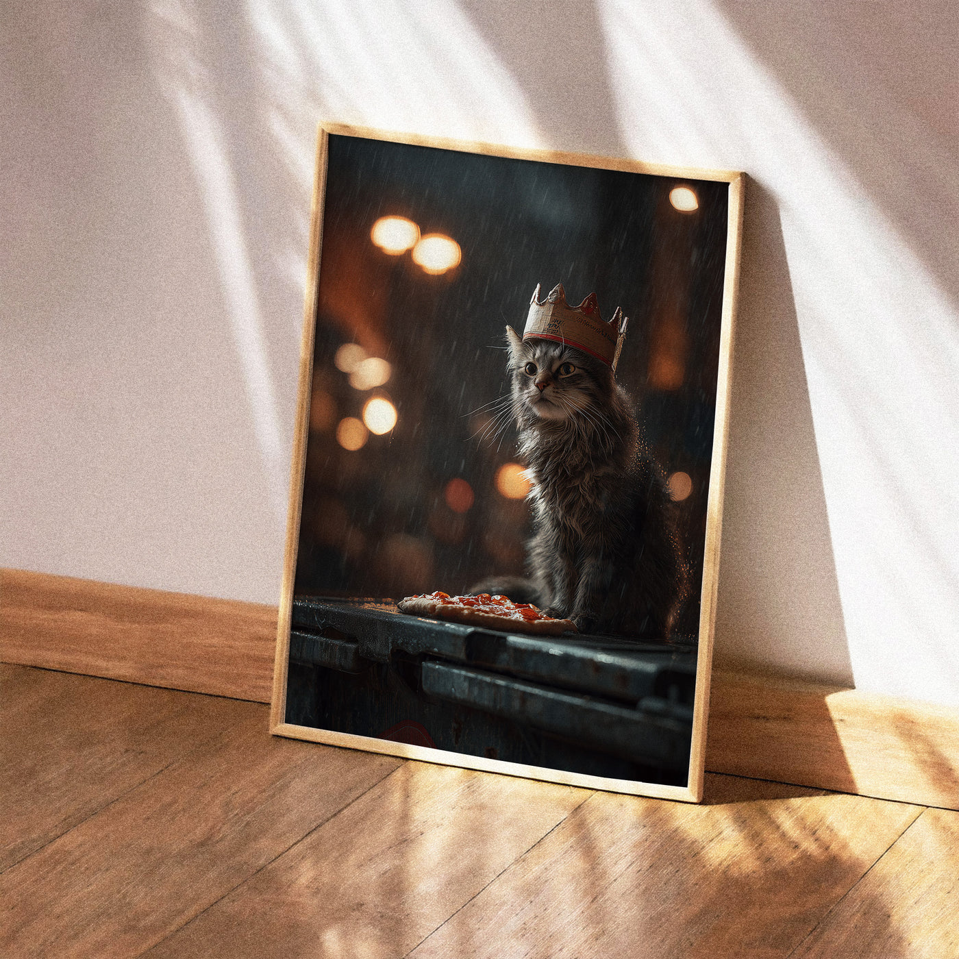 Painting of a scruffy grey cat wearing a cardboard crown sitting in the rain with a slice of pepperoni pizza.