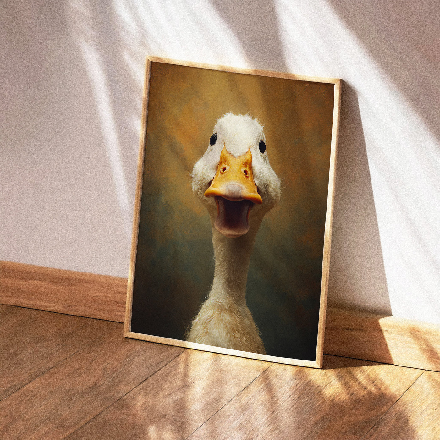 Close-up painting of a white duck with an open orange beak looking directly at the viewer, funny animal portrait.