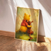 An impressionistic oil-painting style illustration of a yellow bear and an orange tiger sitting side-by-side on green grass, viewed from behind, looking into a soft hazy distance.