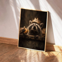 Realistic painting of a raccoon wearing a cardboard crown holding a cheeseburger, funny animal wall art in sepia tones.