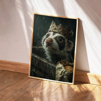 Close-up painting of a wet skunk wearing a cardboard crown emerging from a dumpster in the rain, moody funny animal art.