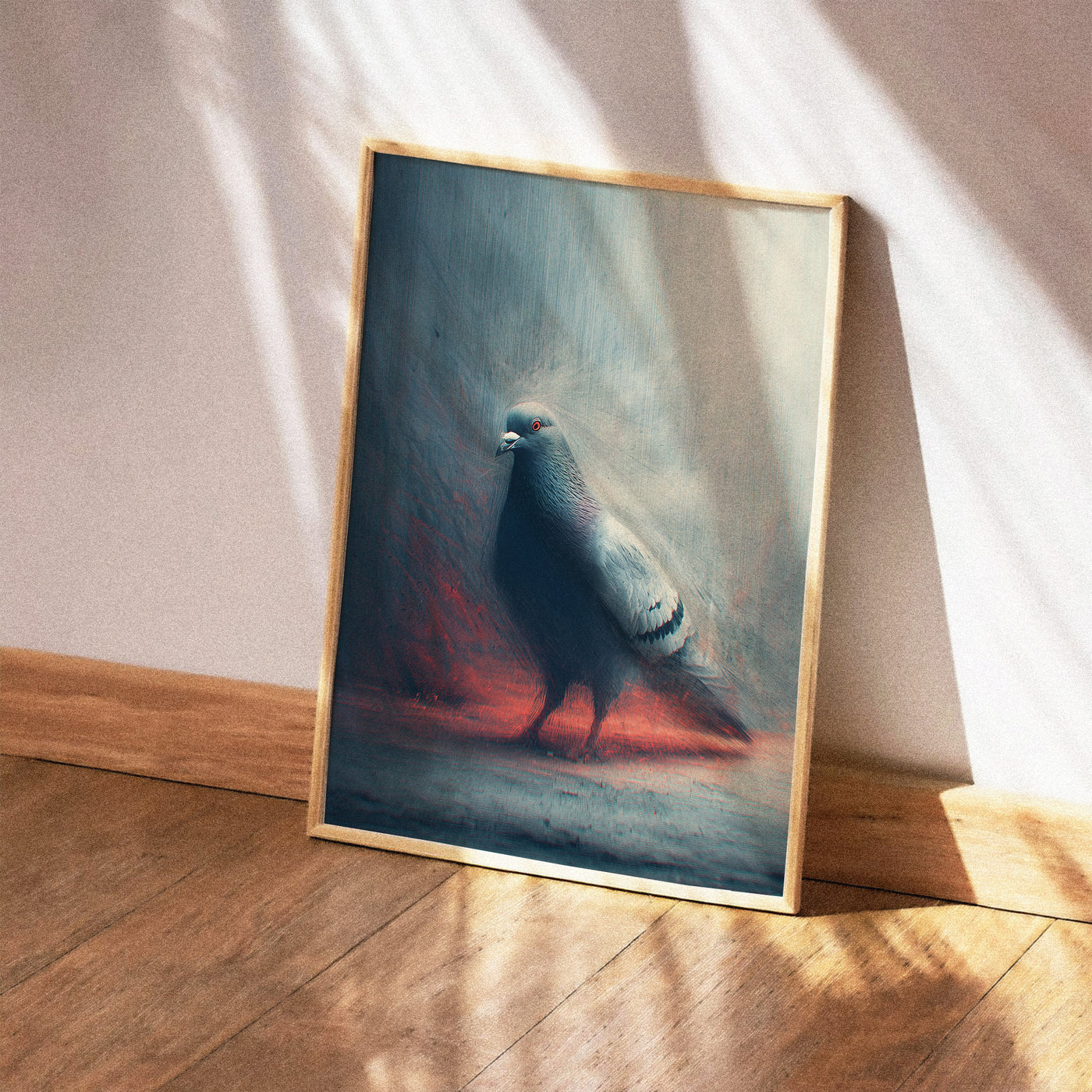 Grainy flash-photography style portrait of a pigeon with blue and red lighting, gritty urban wall art.