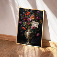 Decorative still life painting with flowers and a vase on a wooden table against a dark green wall.