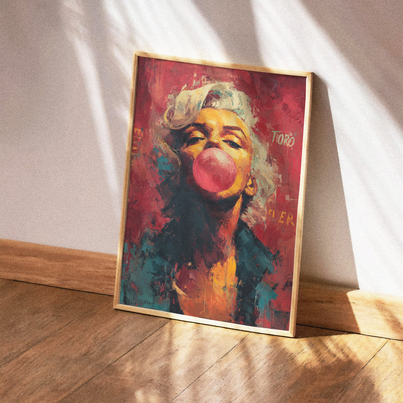 Stylized street art portrait of Marilyn Monroe blowing a pink bubblegum bubble, graffiti style wall art.