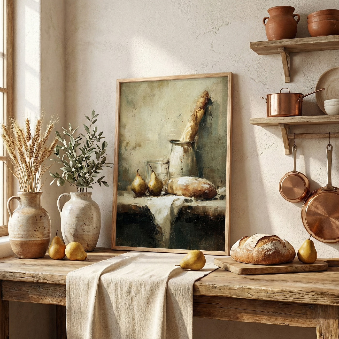 Oil painting style still life illustration featuring a baguette standing in a pitcher, a loaf of bread, and two pears on a rustic white table.