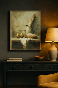 Oil painting style still life illustration featuring a baguette standing in a pitcher, a loaf of bread, and two pears on a rustic white table.