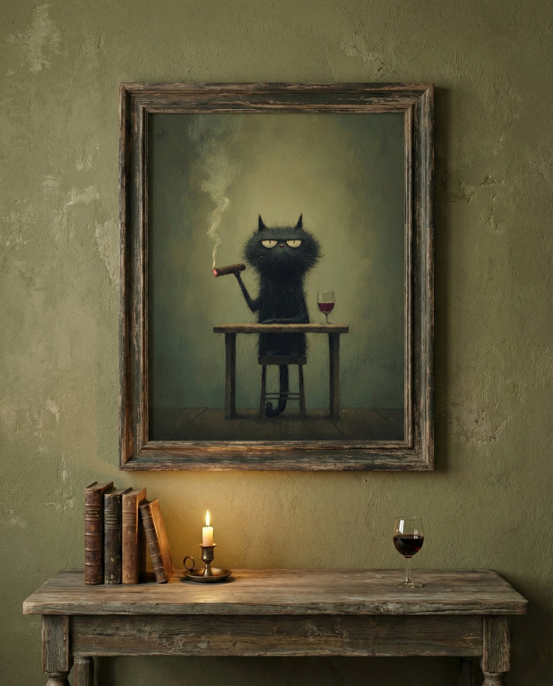 Surreal painting of a grumpy black cat smoking a cigar and drinking red wine at a small wooden table, moody wall art.