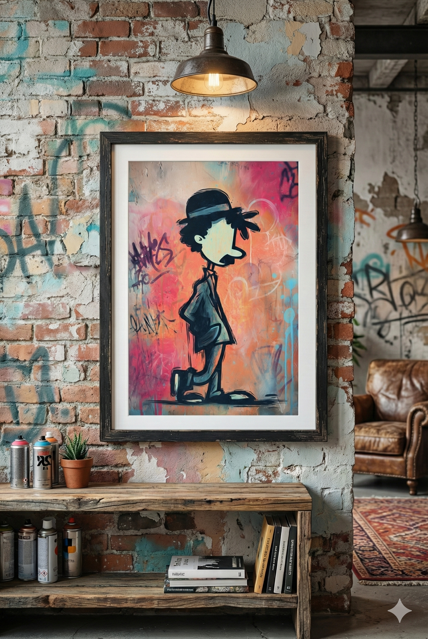 Modern street art illustration of Charlie Chaplin walking in profile against a colorful graffiti wall featuring pink, blue, and orange spray paint tags.