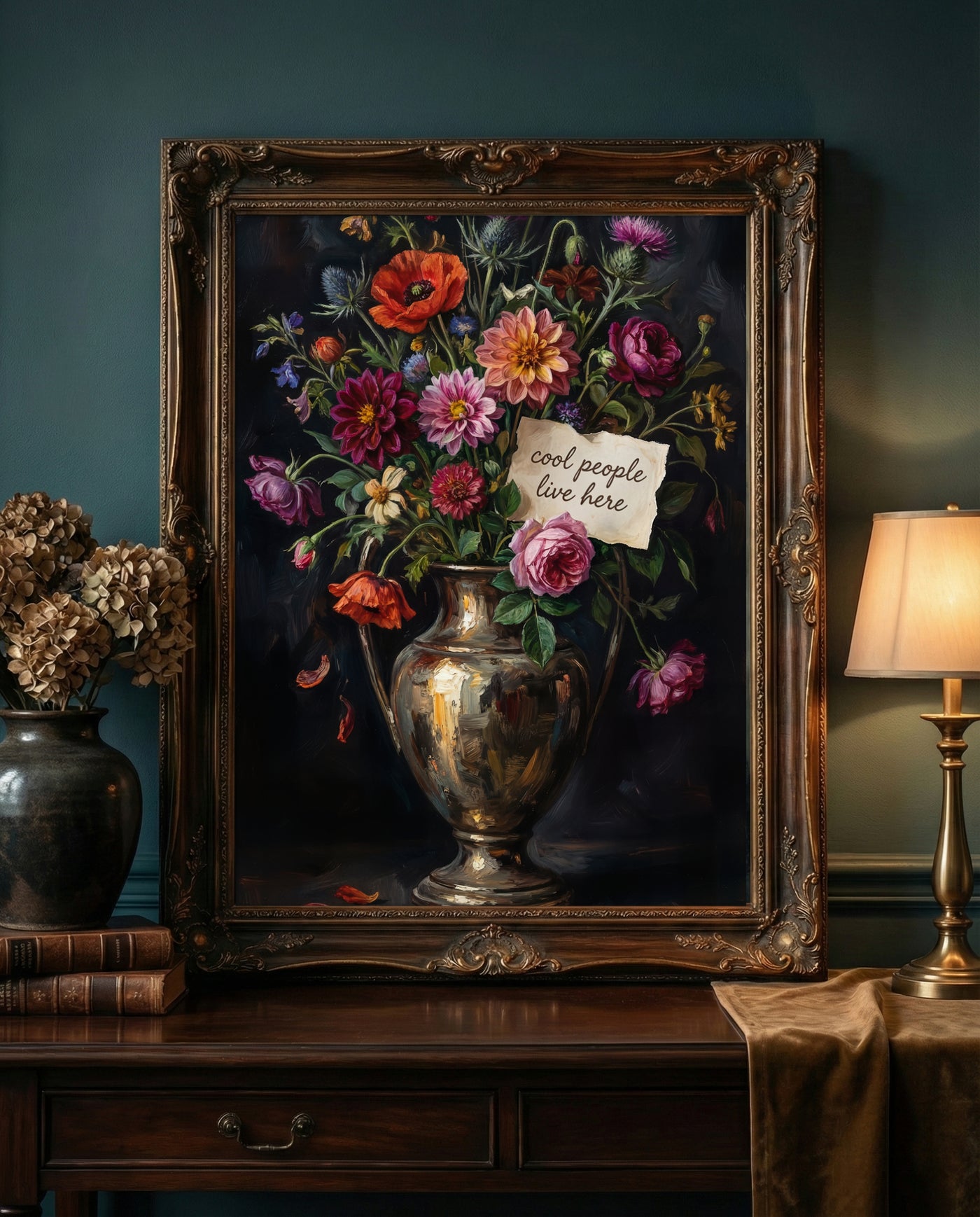 Decorative still life painting with flowers and a vase on a wooden table against a dark green wall.