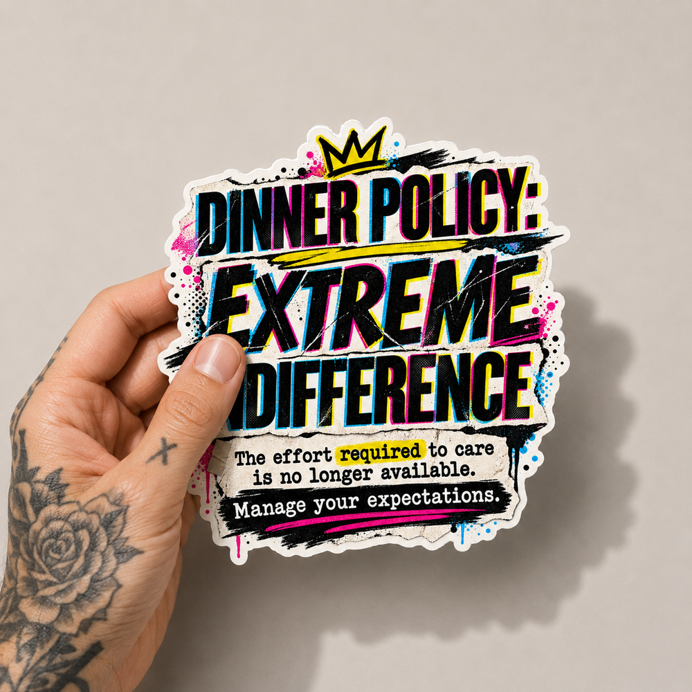 Dinner Policy: Extreme Indifference Sticker – Sarcastic Typography Sticker