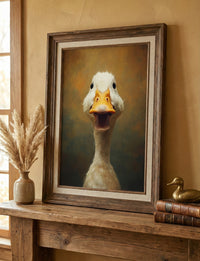Close-up painting of a white duck with an open orange beak looking directly at the viewer, funny animal portrait.