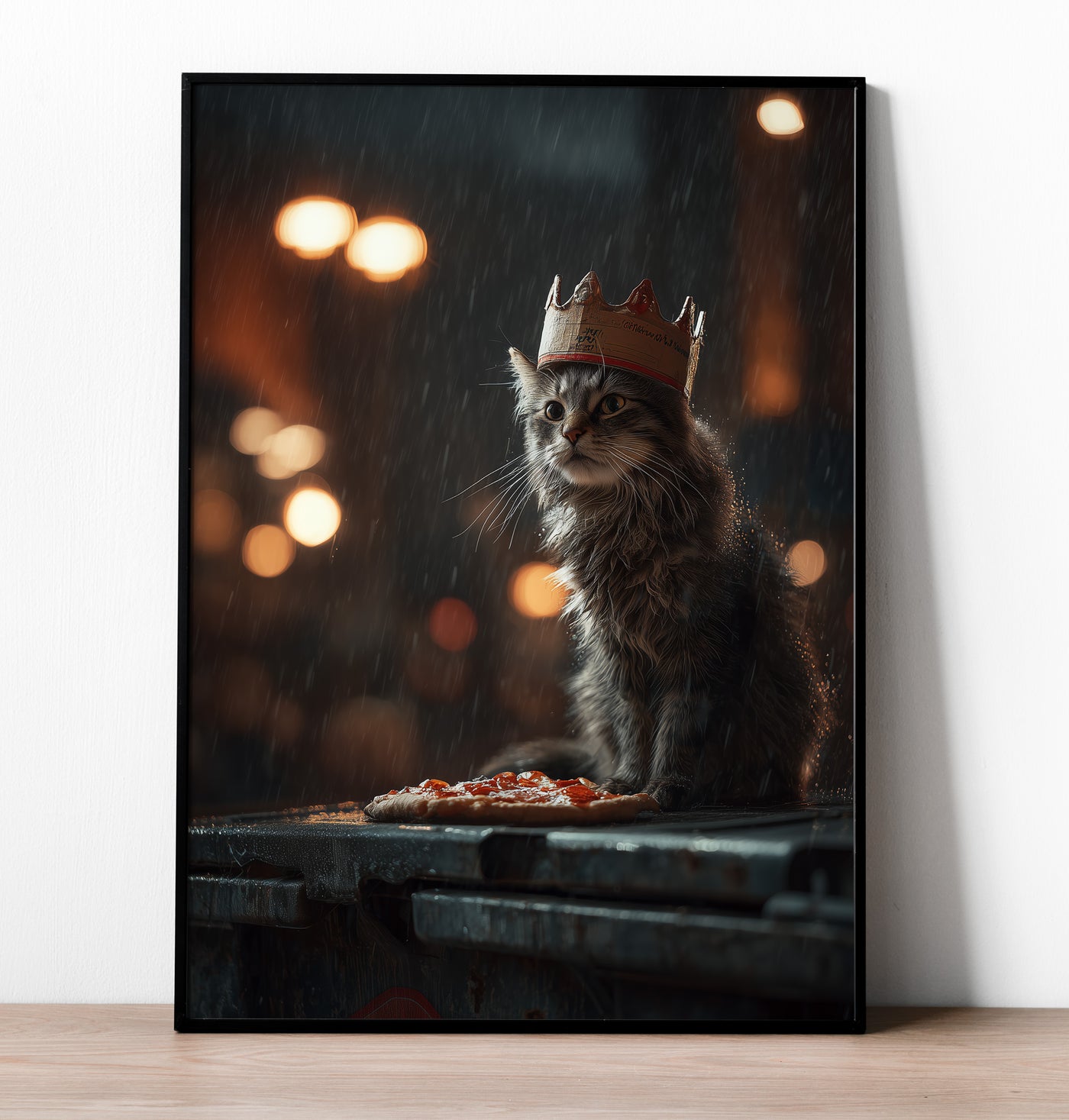 Painting of a scruffy grey cat wearing a cardboard crown sitting in the rain with a slice of pepperoni pizza.
