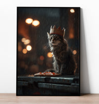 Painting of a scruffy grey cat wearing a cardboard crown sitting in the rain with a slice of pepperoni pizza.