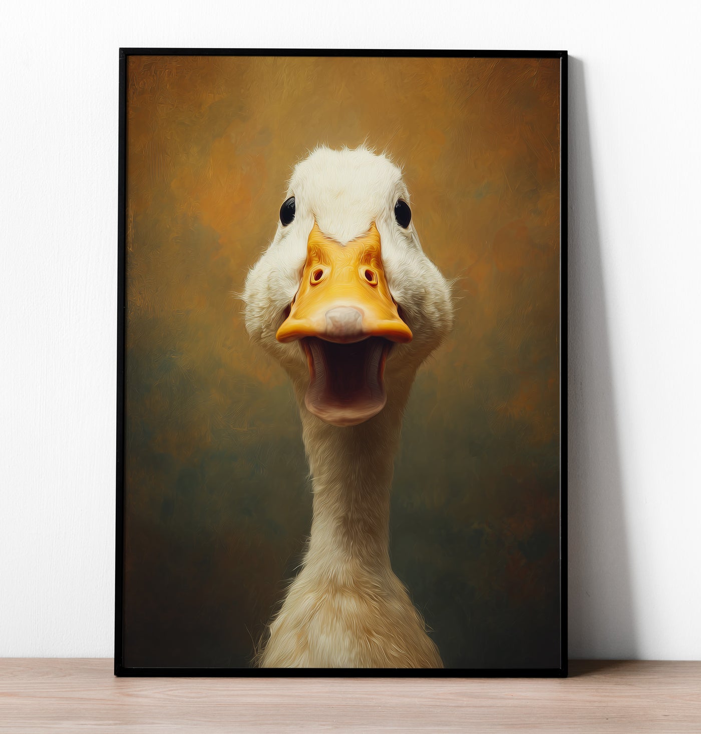 Close-up painting of a white duck with an open orange beak looking directly at the viewer, funny animal portrait.