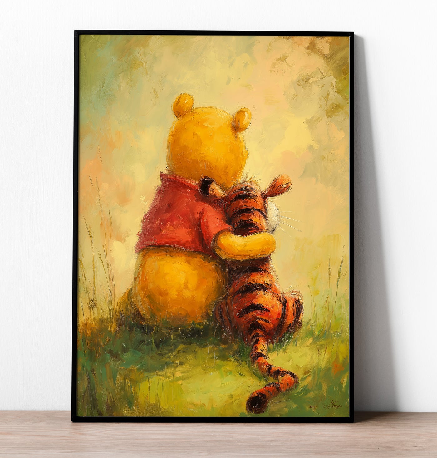 An impressionistic oil-painting style illustration of a yellow bear and an orange tiger sitting side-by-side on green grass, viewed from behind, looking into a soft hazy distance.