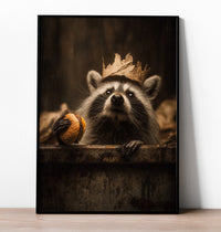 Realistic painting of a raccoon wearing a cardboard crown holding a cheeseburger, funny animal wall art in sepia tones.