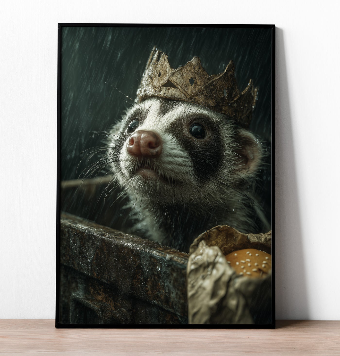 Close-up painting of a wet skunk wearing a cardboard crown emerging from a dumpster in the rain, moody funny animal art.