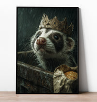 Close-up painting of a wet skunk wearing a cardboard crown emerging from a dumpster in the rain, moody funny animal art.