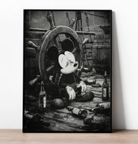 Black and white artwork of a distressed Mickey Mouse on a ship with bottles around.