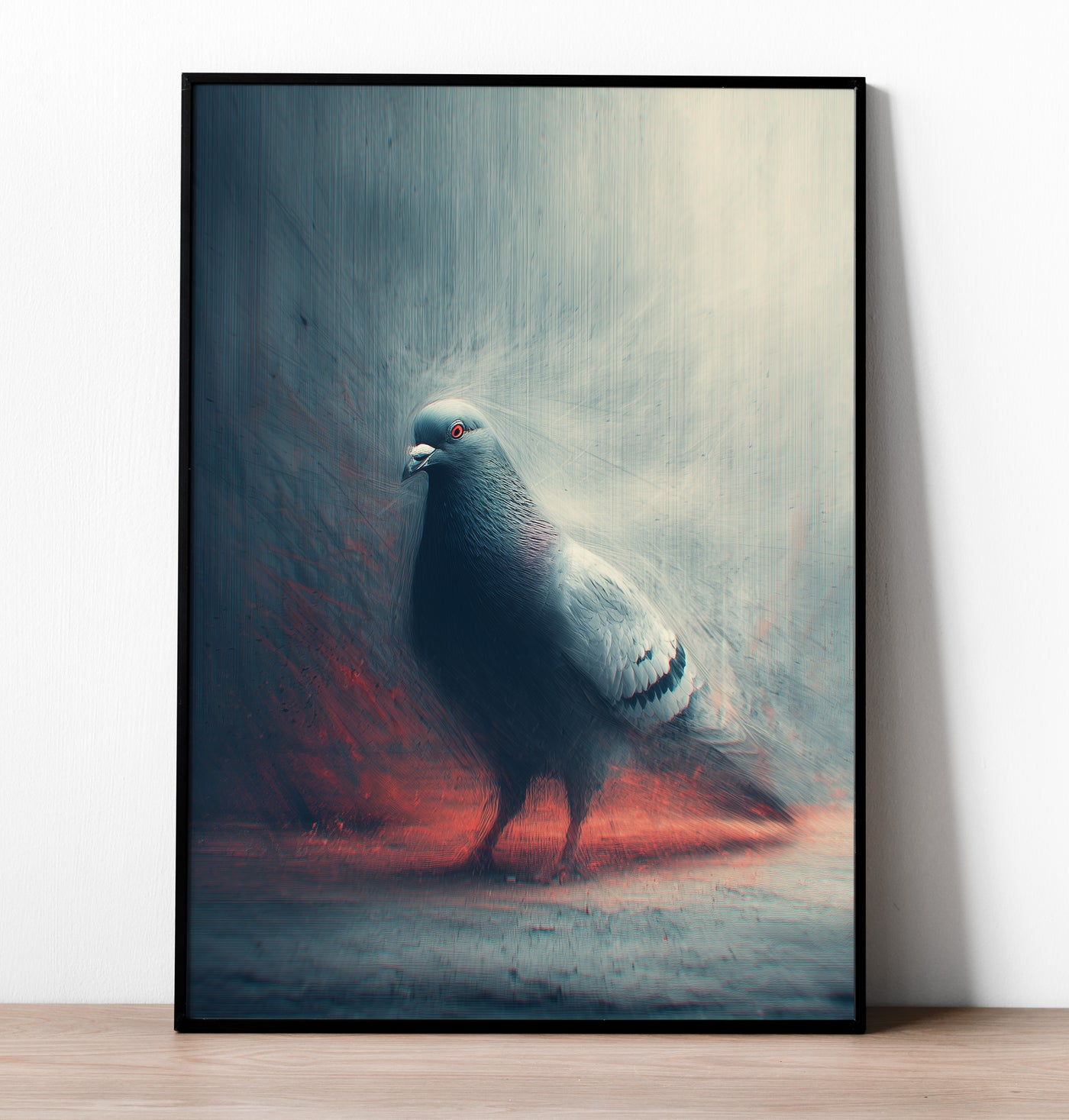 Grainy flash-photography style portrait of a pigeon with blue and red lighting, gritty urban wall art.