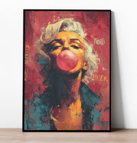 Stylized street art portrait of Marilyn Monroe blowing a pink bubblegum bubble, graffiti style wall art.