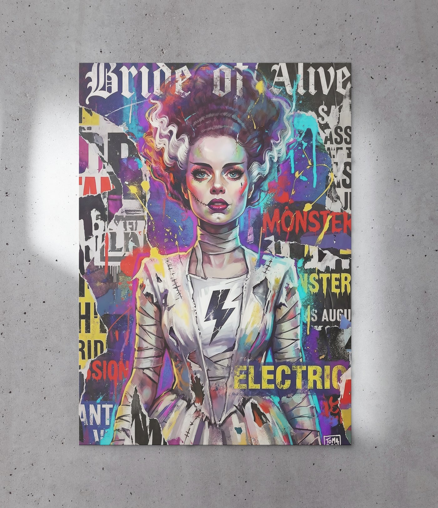 Vibrant street art collage print of the Bride of Frankenstein with "Bride of Alive" and "Electric" text, featuring graffiti elements and bright colors, created by Artazyn.