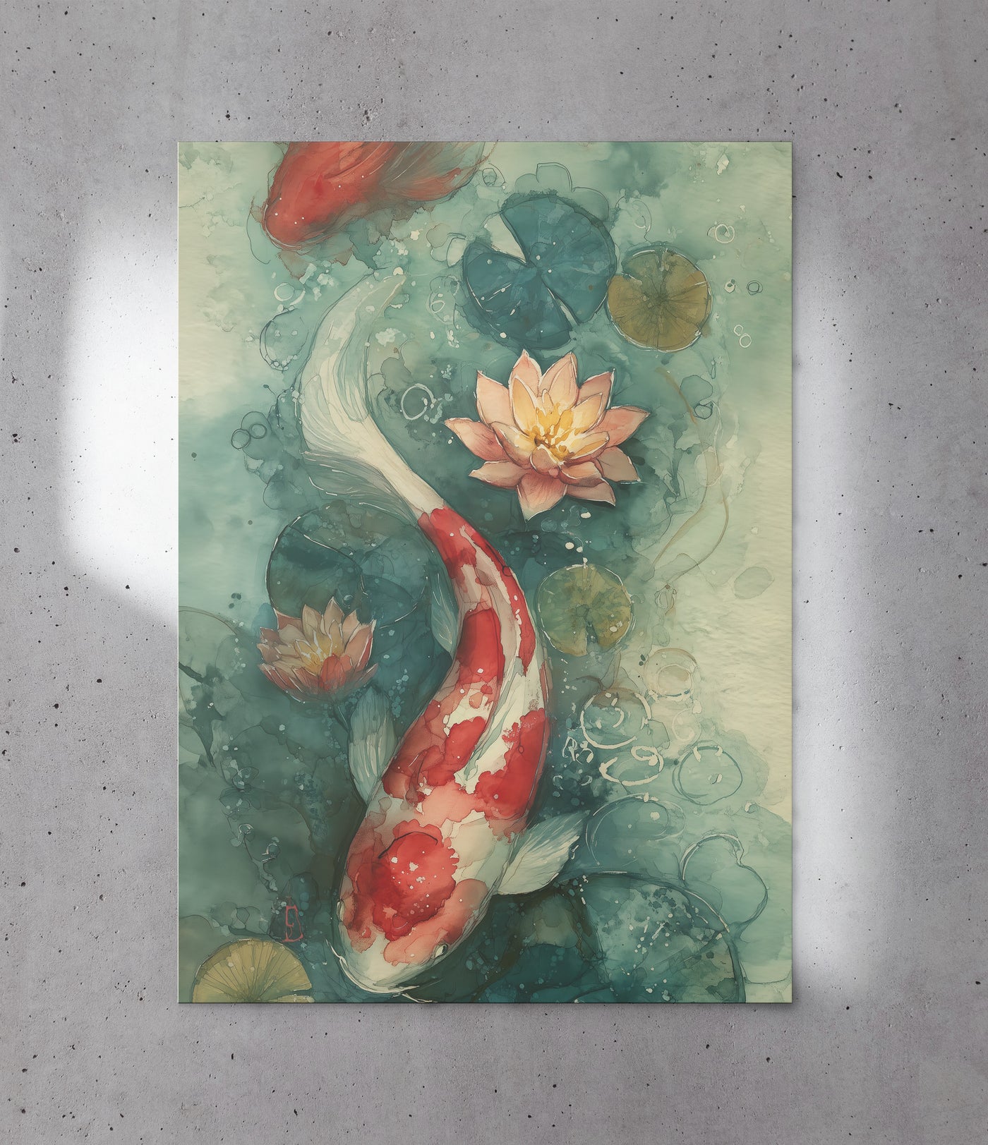 High-contrast watercolor art print of a red and white koi fish swimming in a teal pond with pink water lilies, created by Artazyn in Enfield, CT.