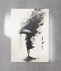 Abstract ink wash art print of a silhouetted woman walking with an umbrella amidst black ink splatters and a dark red storm cloud, created by Artazyn.