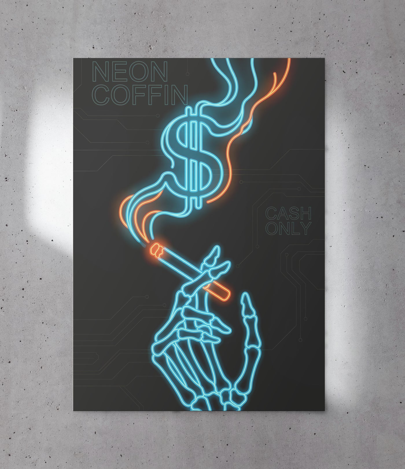 Cyberpunk neon art print of a skeleton hand holding a cigarette with smoke forming a dollar sign, featuring text "Neon Coffin" and "Cash Only" in blue and orange, created by Artazyn.