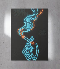 Cyberpunk neon art print of a skeleton hand holding a cigarette with smoke forming a dollar sign, featuring text "Neon Coffin" and "Cash Only" in blue and orange, created by Artazyn.