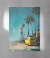 Painterly illustration of a sun-drenched California beach scene featuring tall palm trees, vintage VW-style buses in yellow and blue, and surfers walking toward a warm sunset.