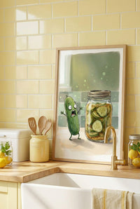 Cartoon illustration of a scared pickle screaming next to a jar of pickled cucumber slices, funny kitchen wall art.
