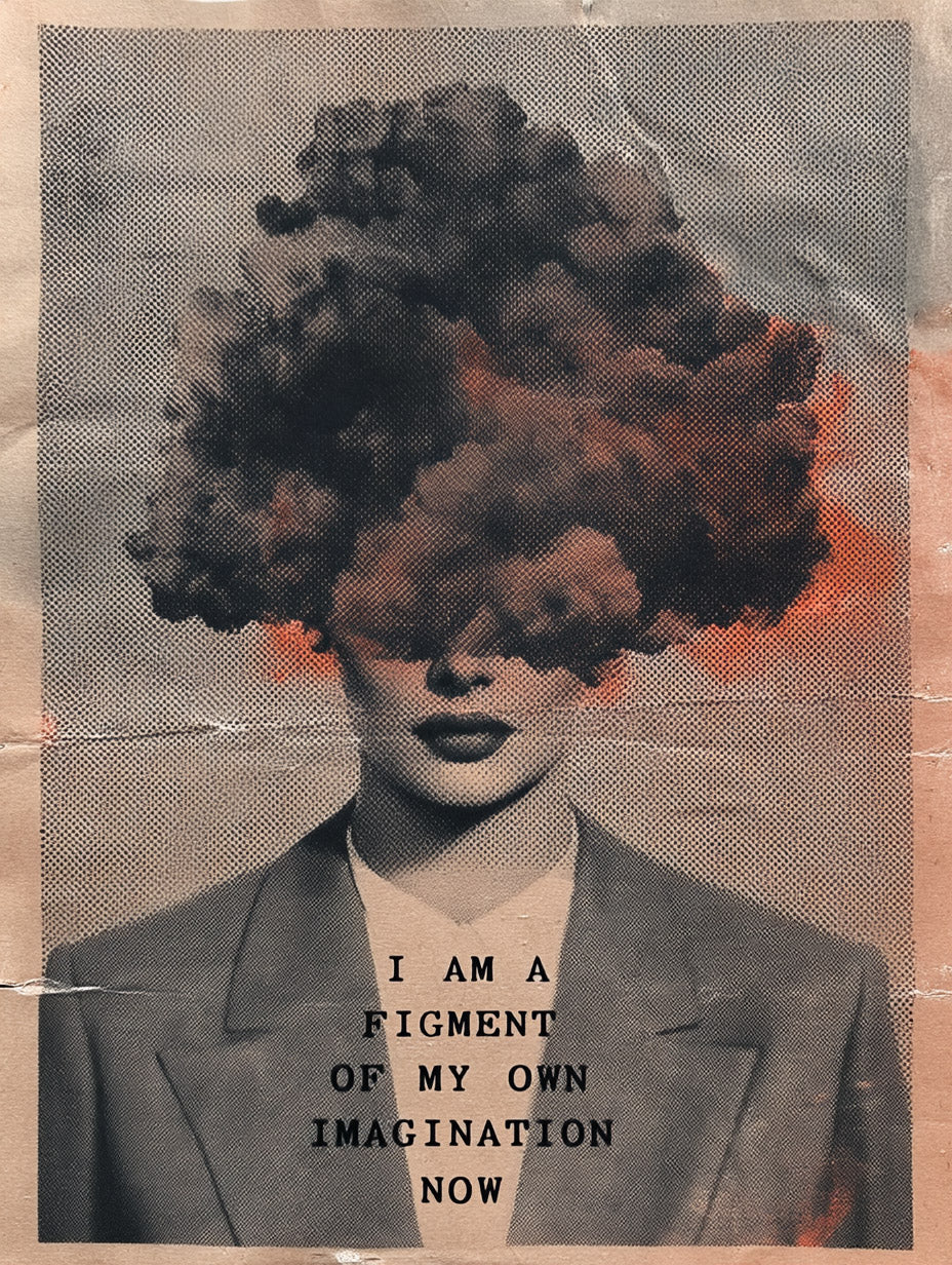 A square art print or poster featuring a stylized portrait of a woman in a blazer with a dark smoke-like mass replacing her hair and eyes. The artwork has a vintage halftone texture, muted gray and black tones, and a small orange glow behind the head.