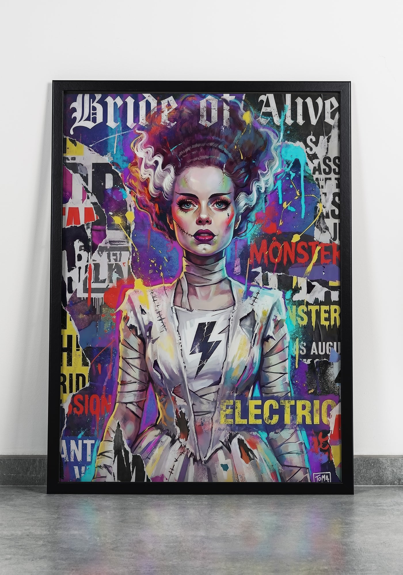 Vibrant street art collage print of the Bride of Frankenstein with "Bride of Alive" and "Electric" text, featuring graffiti elements and bright colors, created by Artazyn.