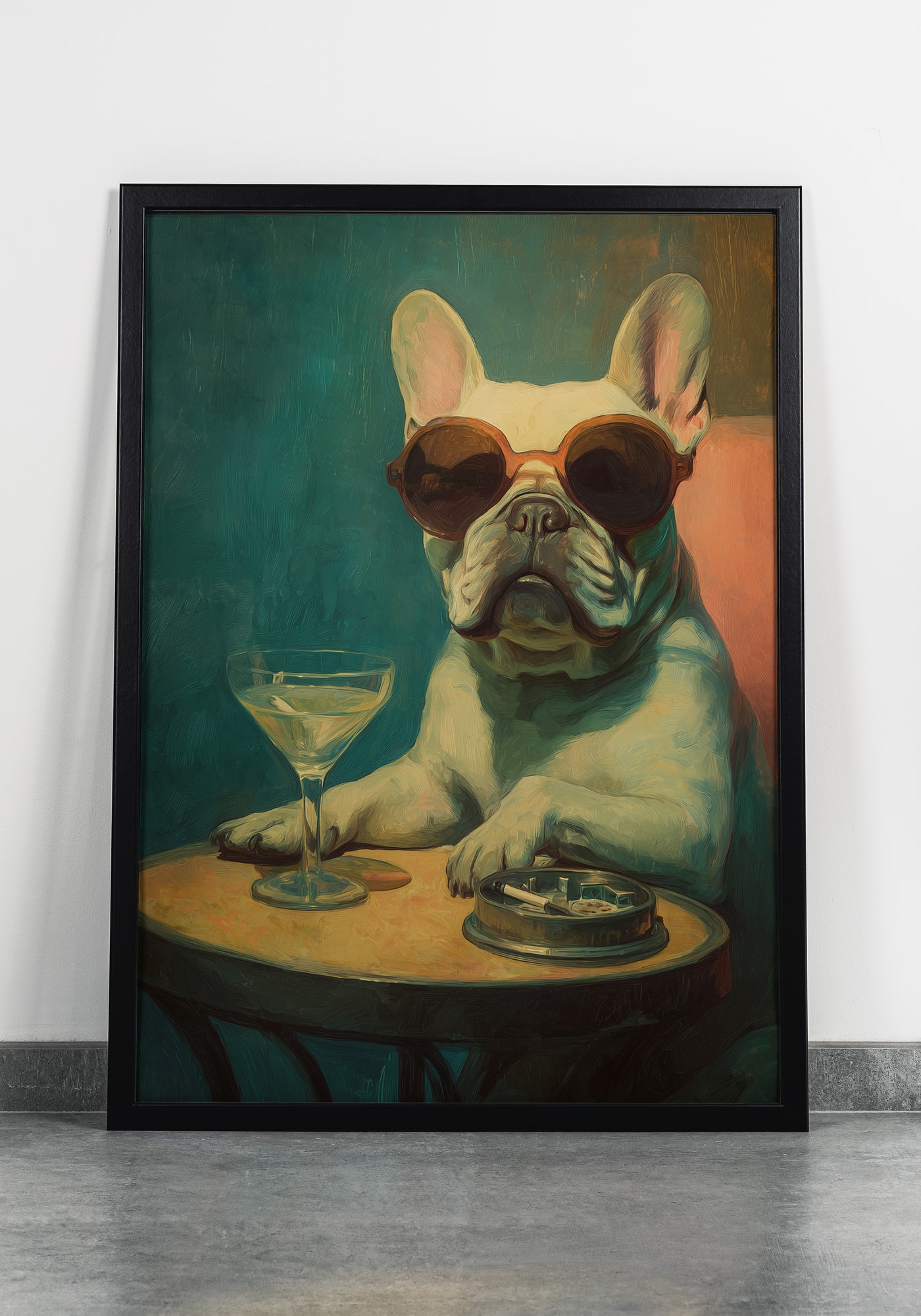 Oil painting style art print of a white French Bulldog wearing round sunglasses sitting at a table with a martini glass and an ashtray, created by Artazyn.