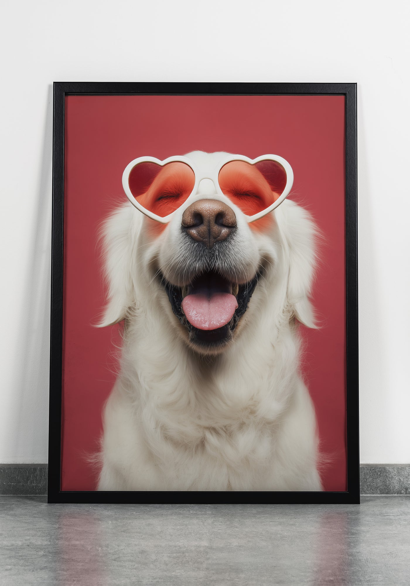 Photography-style portrait of a happy white Golden Retriever smiling with its mouth open, wearing red heart-shaped sunglasses against a solid red background.