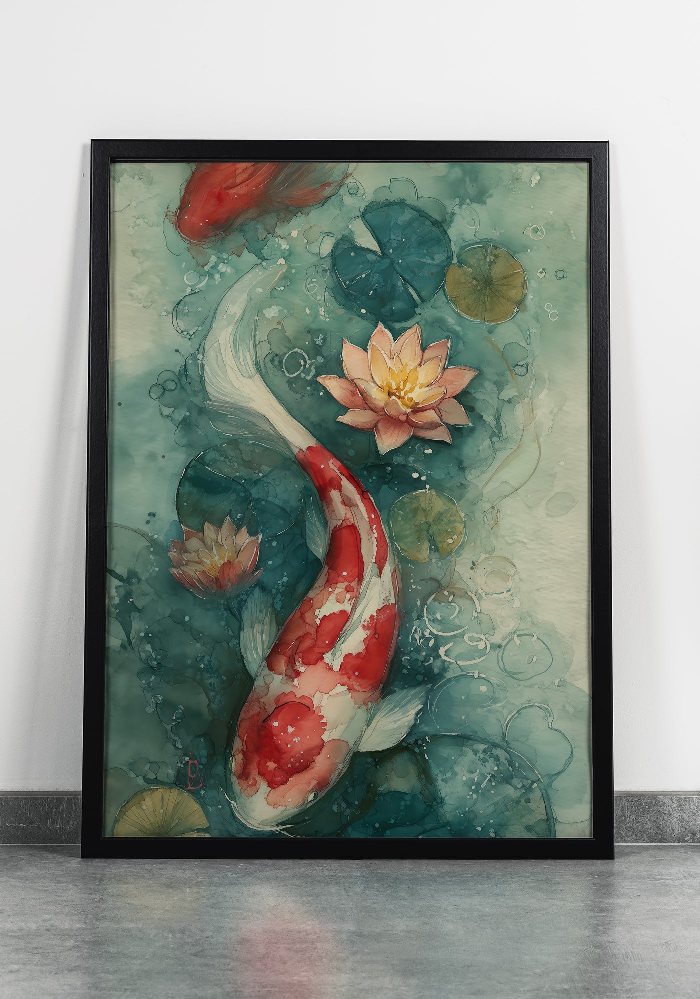 High-contrast watercolor art print of a red and white koi fish swimming in a teal pond with pink water lilies, created by Artazyn in Enfield, CT.