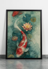 High-contrast watercolor art print of a red and white koi fish swimming in a teal pond with pink water lilies, created by Artazyn in Enfield, CT.